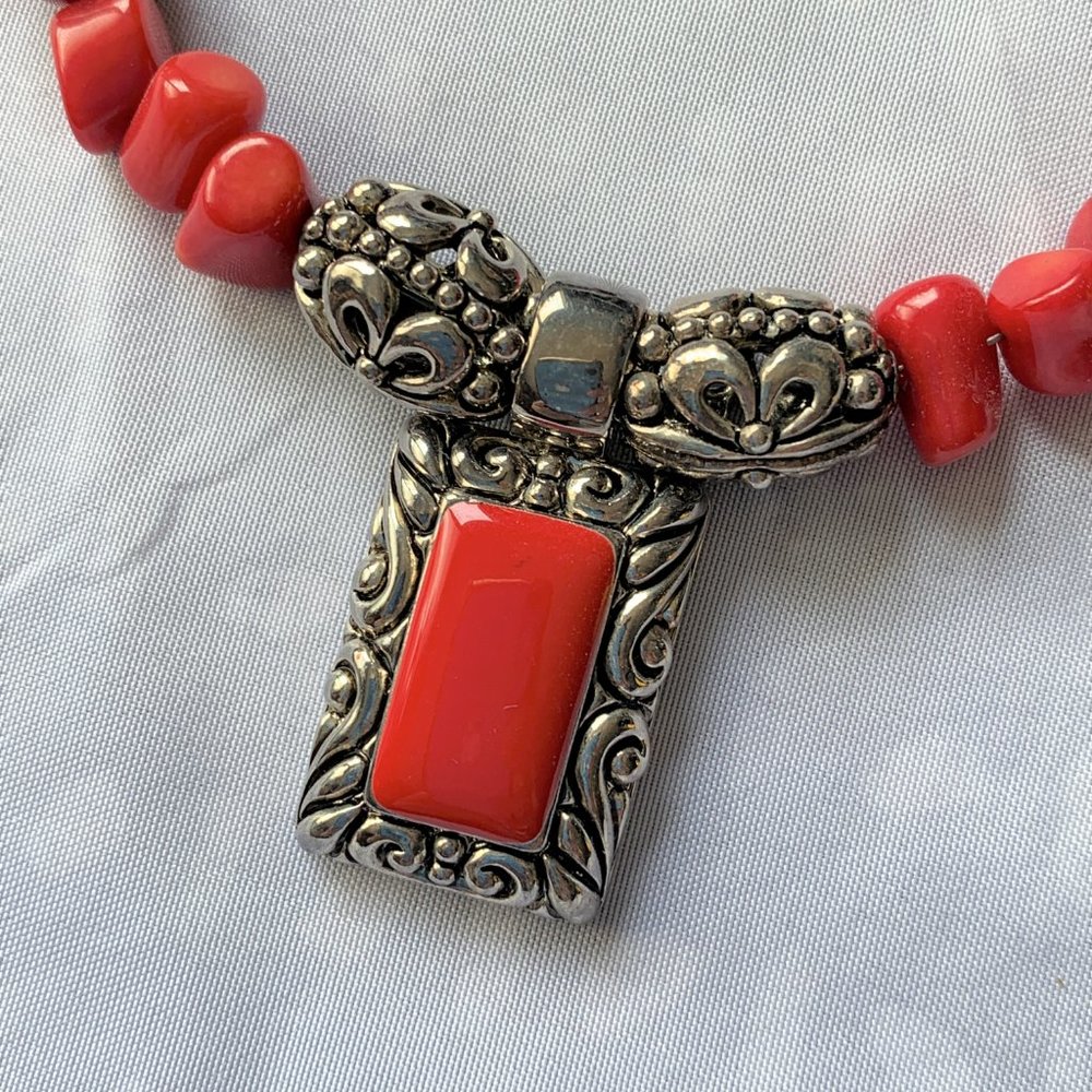 JEWELRY - 9" Apple red coral bead necklace earrings set silver pendant, western - Picture 5 of 8